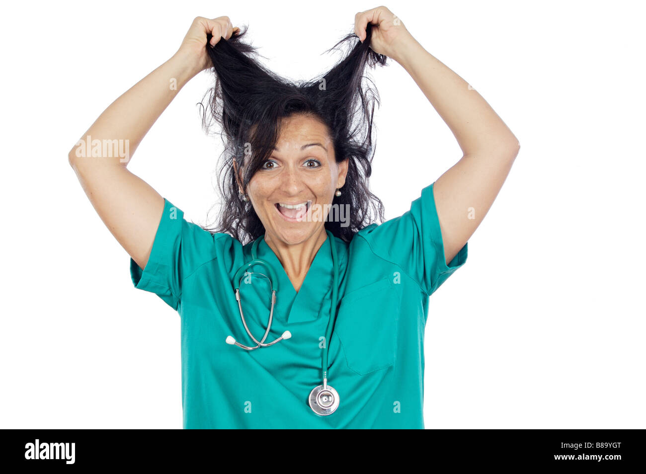 Young woman medical staff member pulling her hair Stock Photo Alamy