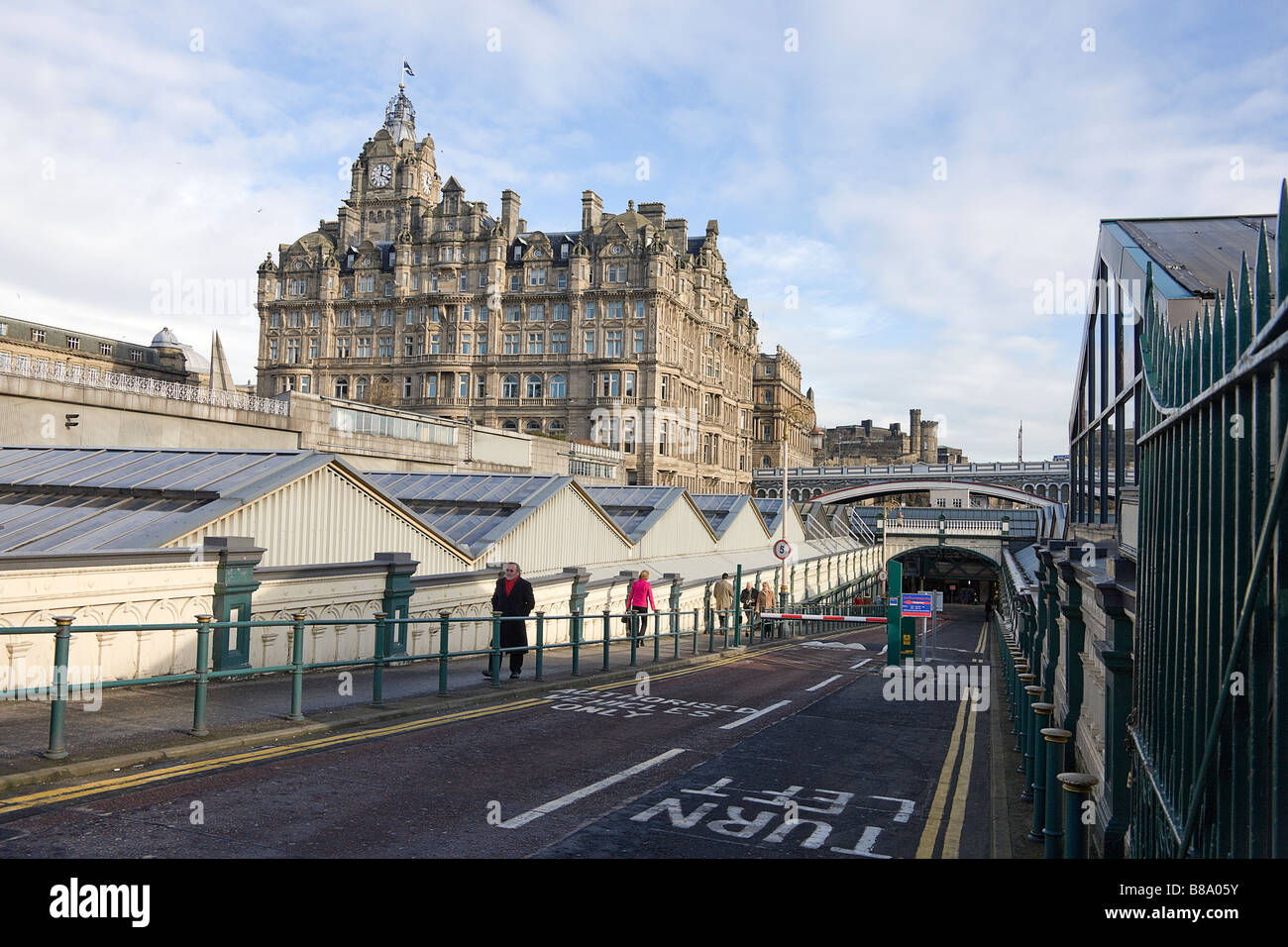 Entrance to Waverley station.Edinburgh with the Balmoral hotel behind. Stock Photo