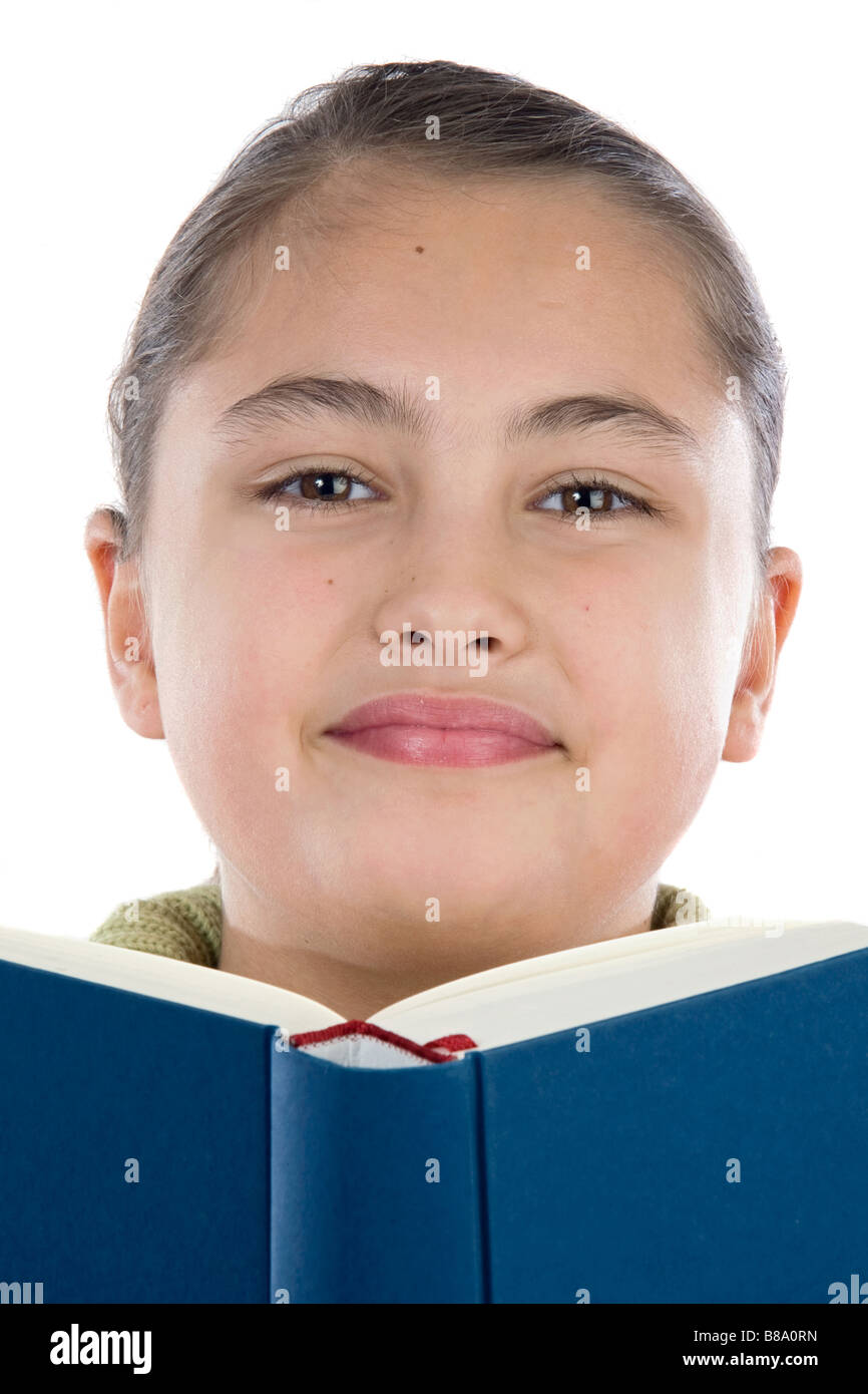 Adorable girl with a book on a over white background Stock Photo - Alamy