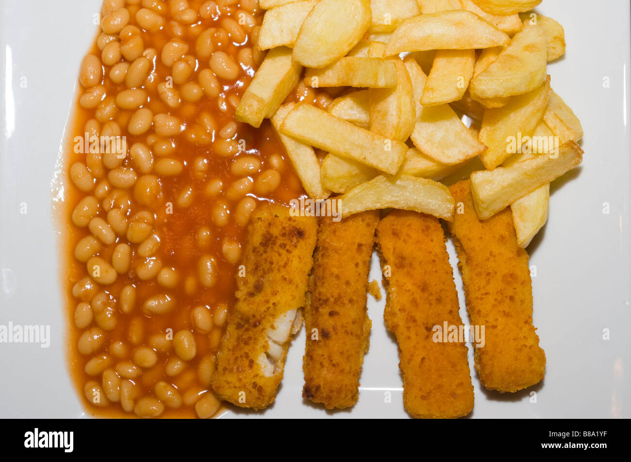 Fish Fingers Chips and Baked Beans Stock Photo