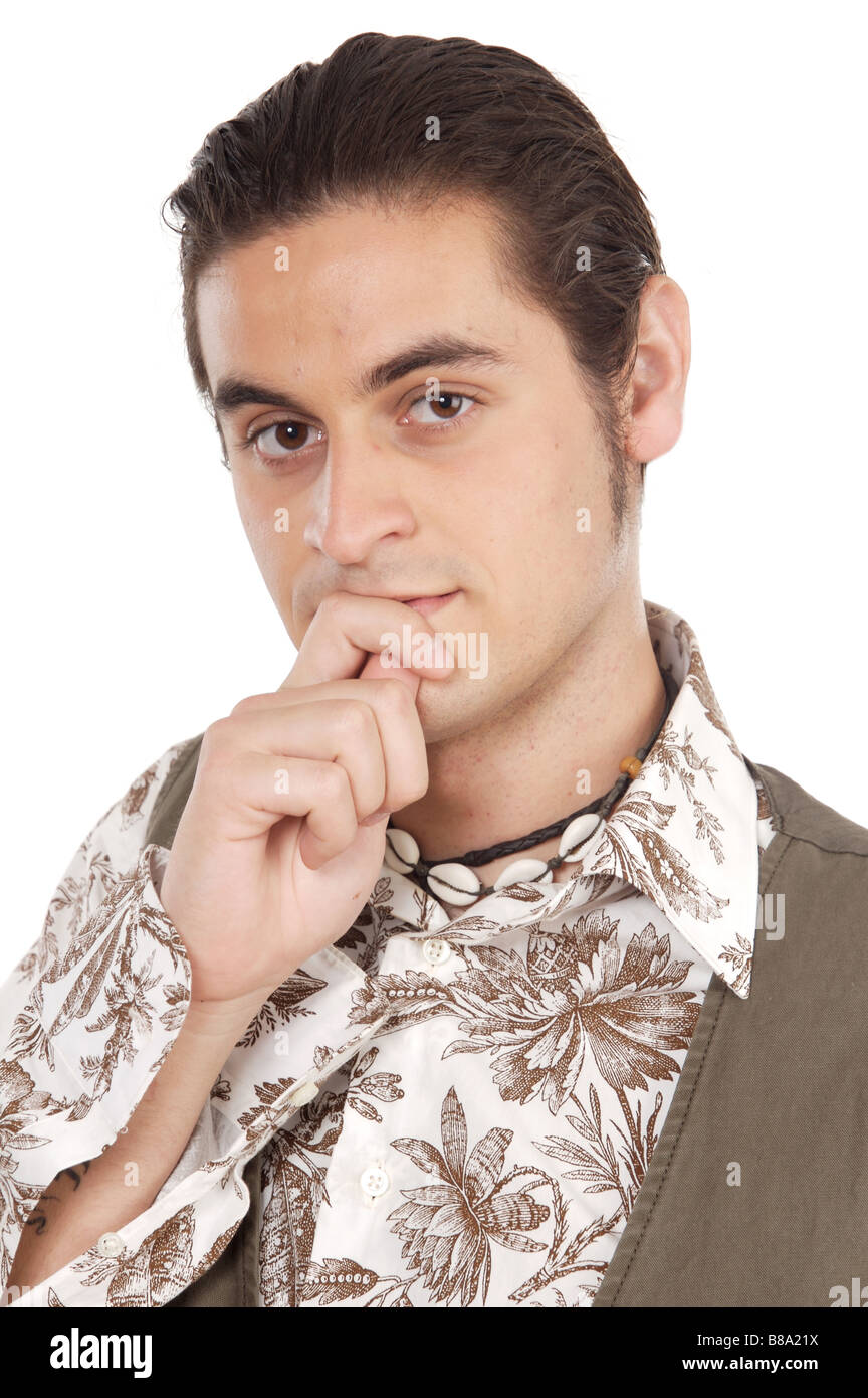 young with thoughtful expression over white background Stock Photo - Alamy