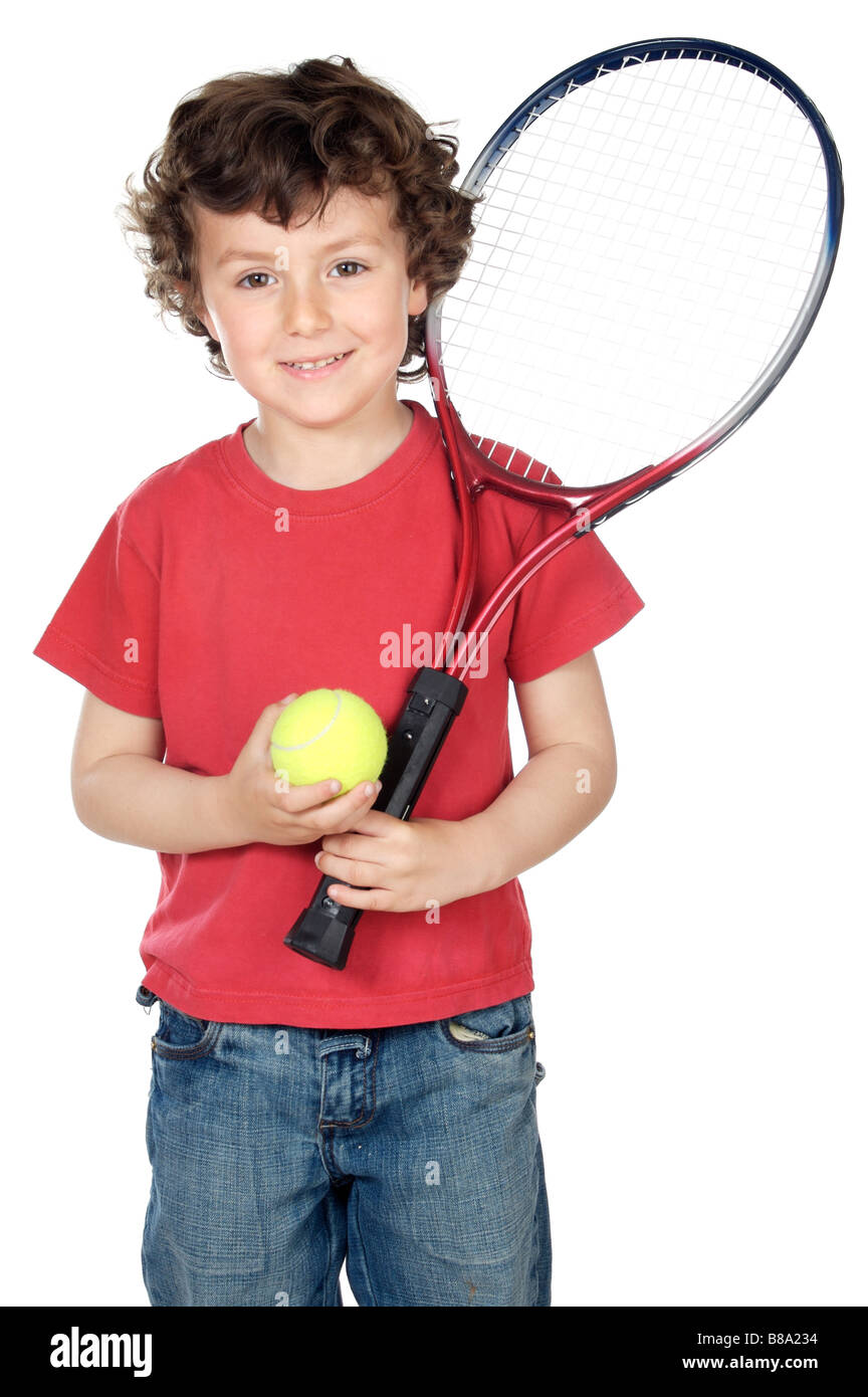 Young boy with tennis racket and ball Stock Photo Alamy