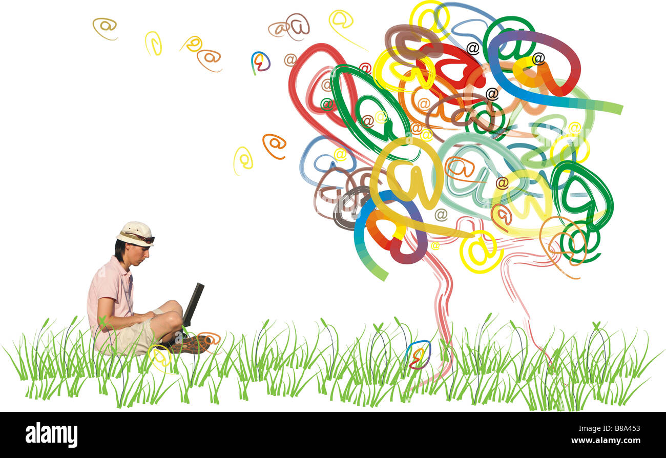 woman with notebook and e-mail tree Stock Photo - Alamy