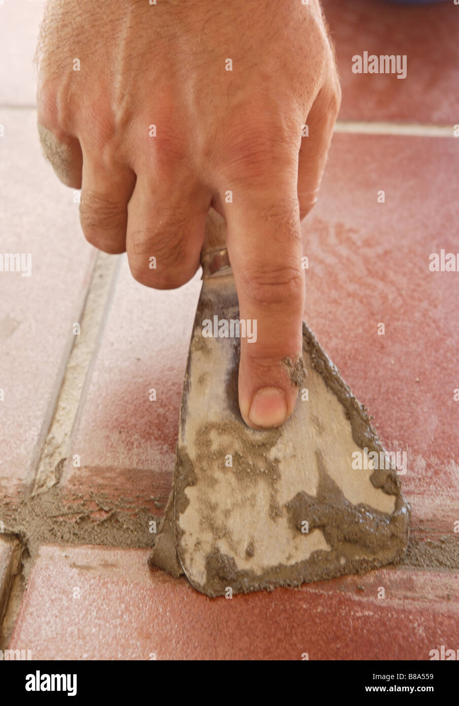 a hand of a bricklayer throwing cement to floor tiles Stock Photo Alamy