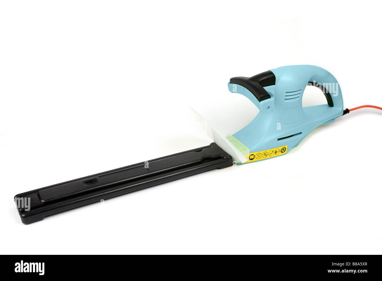 Electric garden hedge trimmer with its cutting blade sheath attached