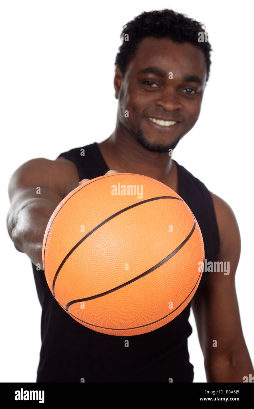 attractive young person with basketball ball a over white background