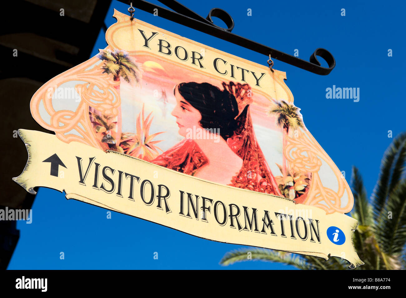 Sign for Visitor Information on 7th Avenue in the historic district of Ybor City, Tampa, Florida, USA Stock Photo