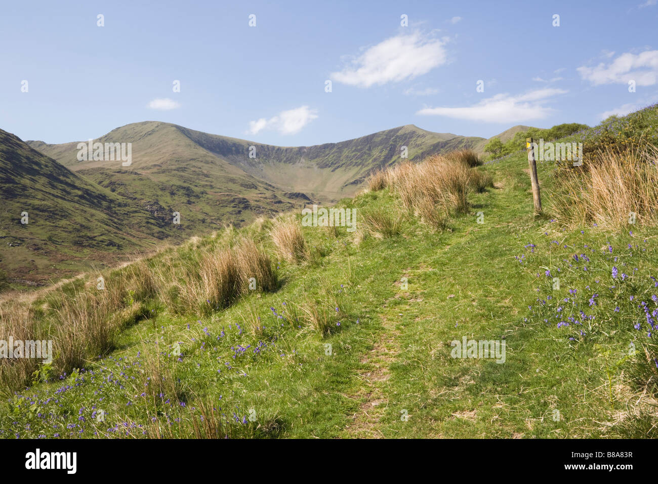 Cwm Pennant North Wales UK Grassy footpath in rural Welsh valley with