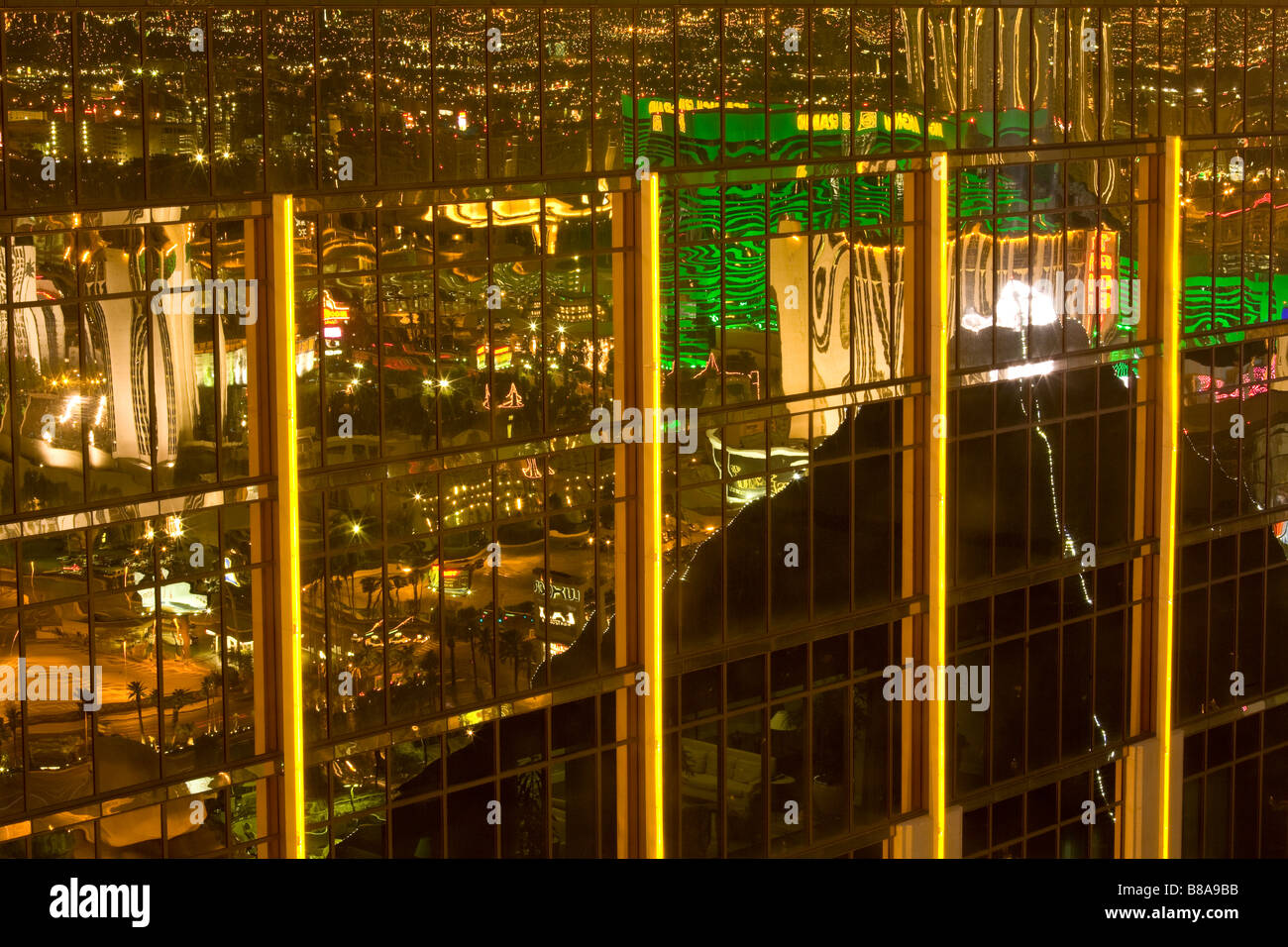 Las Vegas Strip reflecting in the mirrored side of The Hotel, Las Vegas, Nevada Stock Photo