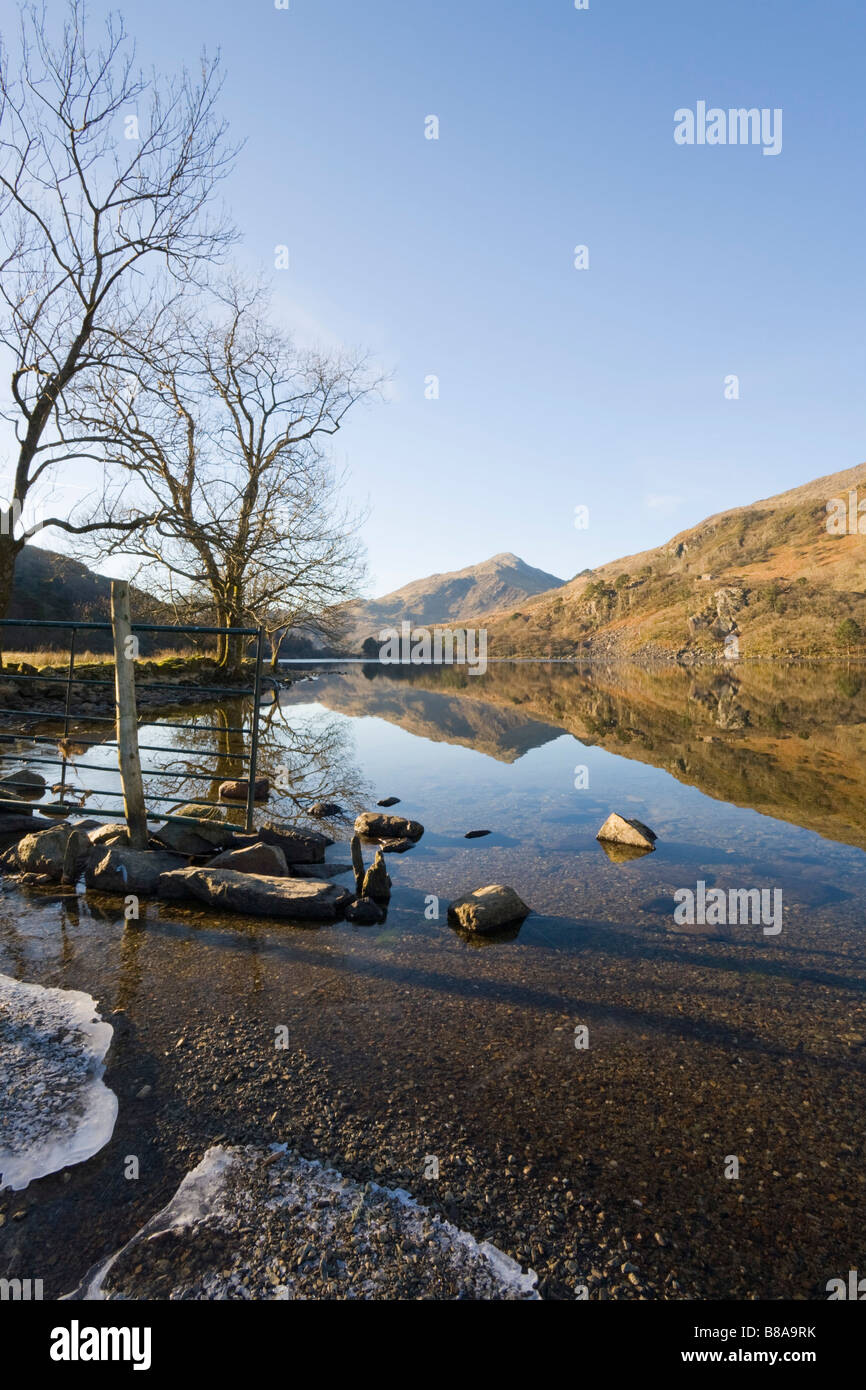 Nant Gwynant Gwynedd North Wales UK View along Llyn Gwynant lake to Yr Aran in Snowdonia "National Park" in winter Stock Photo