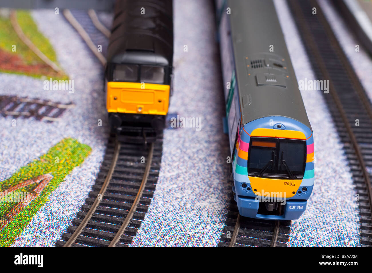 Model toy electric train set in oo gauge with engines from Hornby and Bachmann model railways Stock Photo