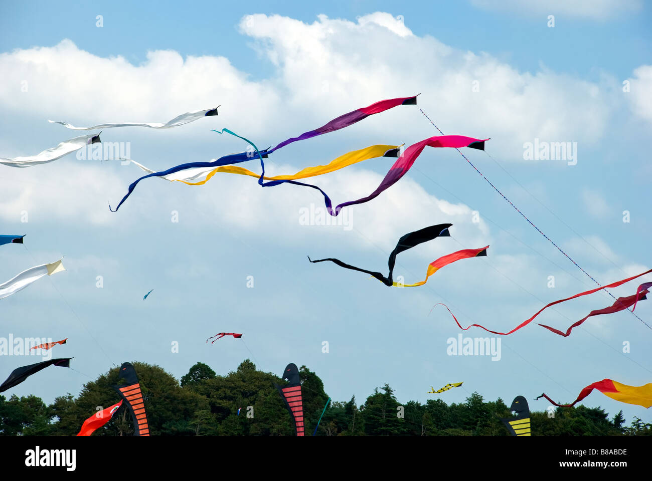 Kite display of colourful ribbon shaped kites taken at the Bristol kite