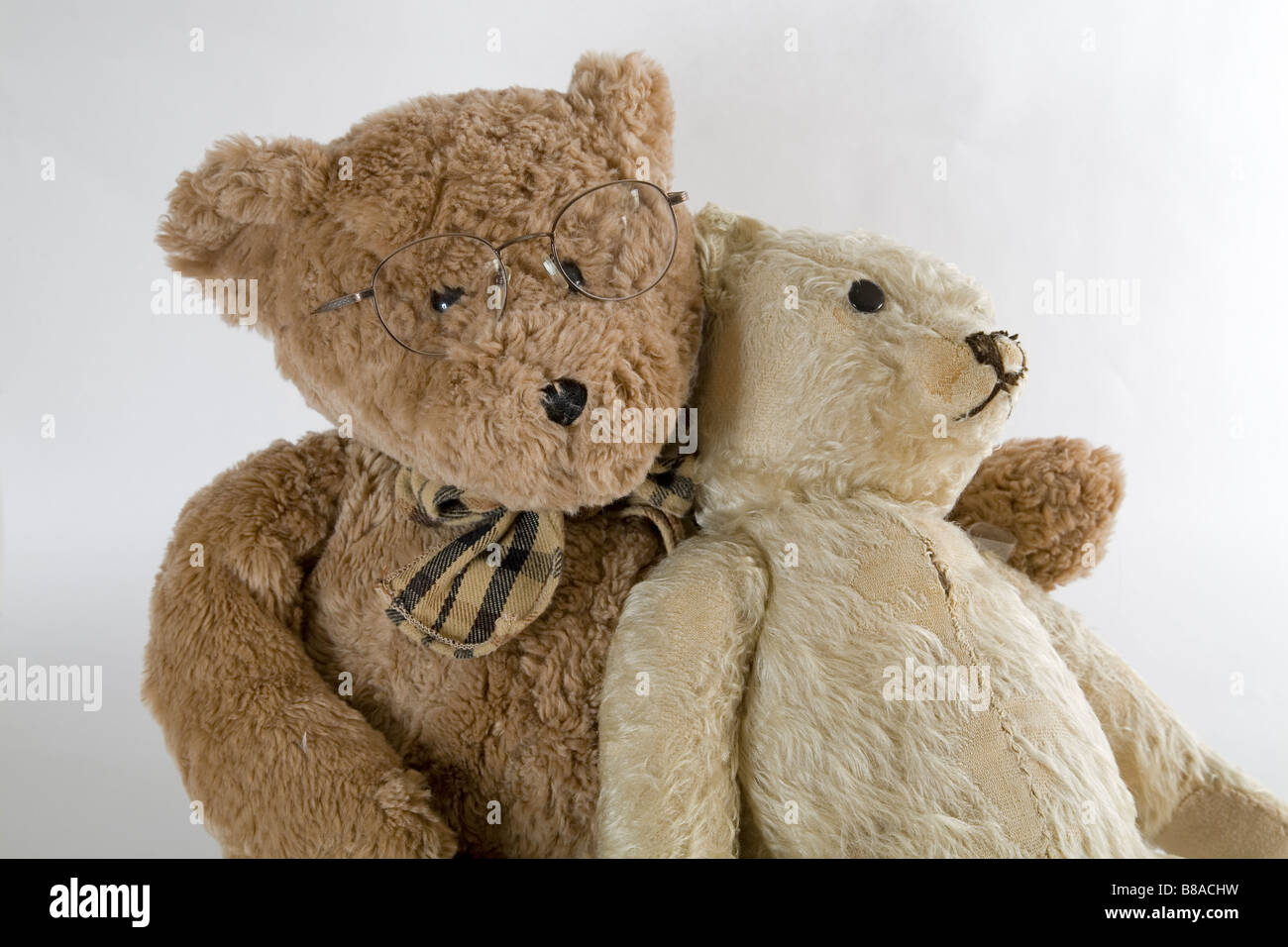 Two old teddy bears get together for Old Times Sake and to talk about their rips and tears Stock Photo