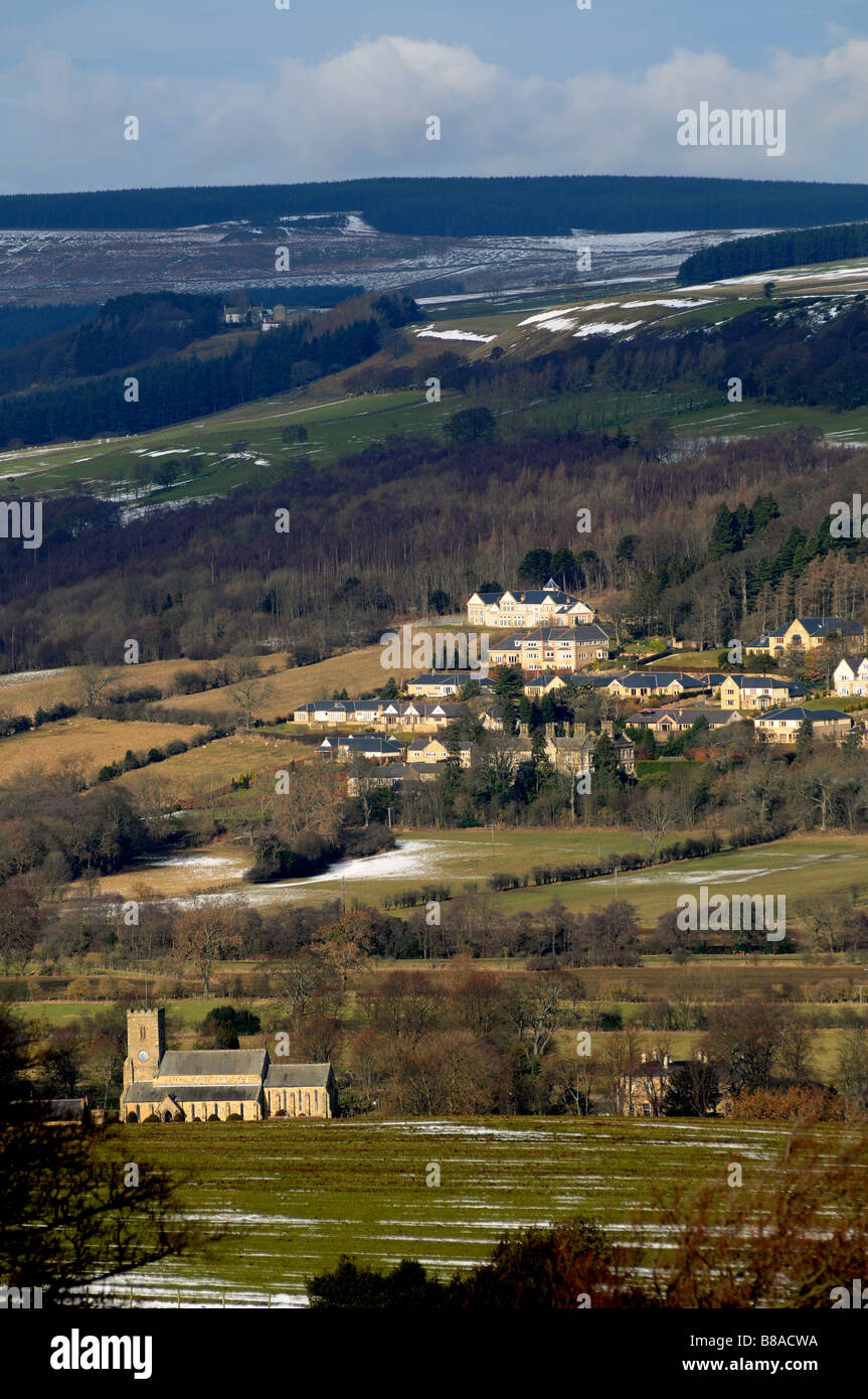 The private luxury housing development of Holywood nestles on the wintry hillside above Wolsingham, County Durham, UK Stock Photo