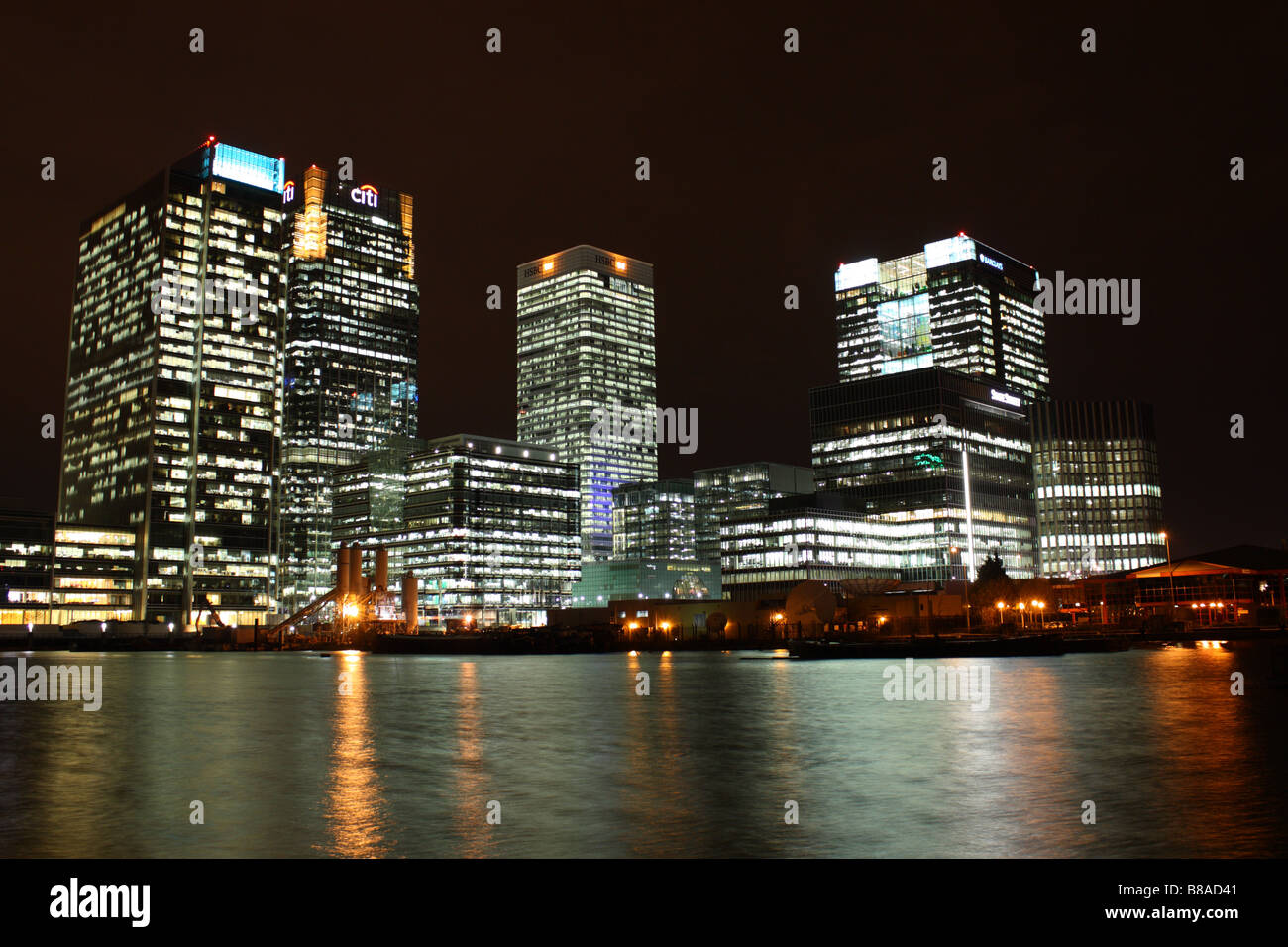 Night shot of Canary Wharf East London. Stock Photo