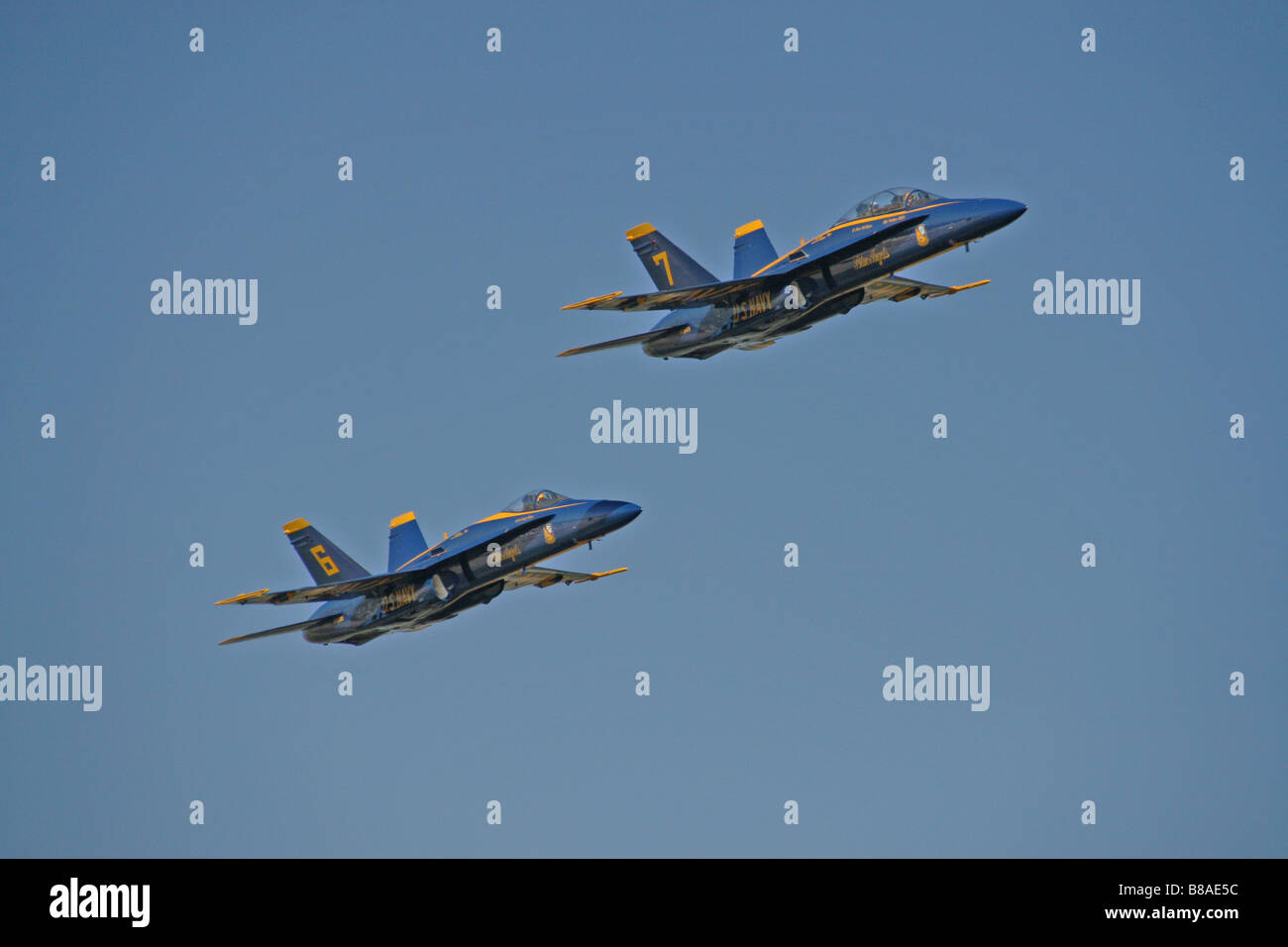 two Navy Blue Angel pilots flying close together in fighter jets Stock Photo