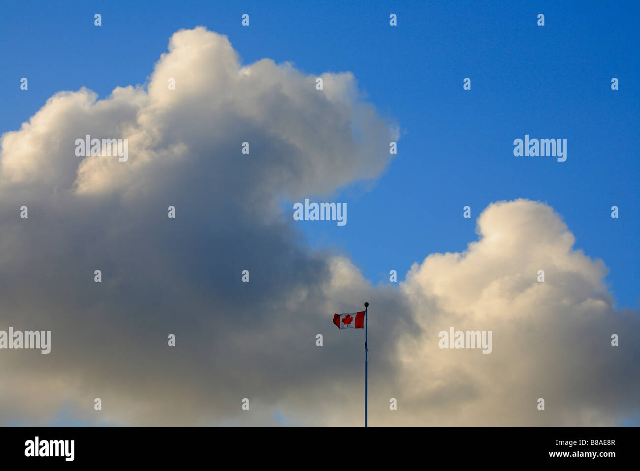 Stormy towering cumulus clouds and windblown Canadian flag Victoria British Columbia Canada Stock Photo