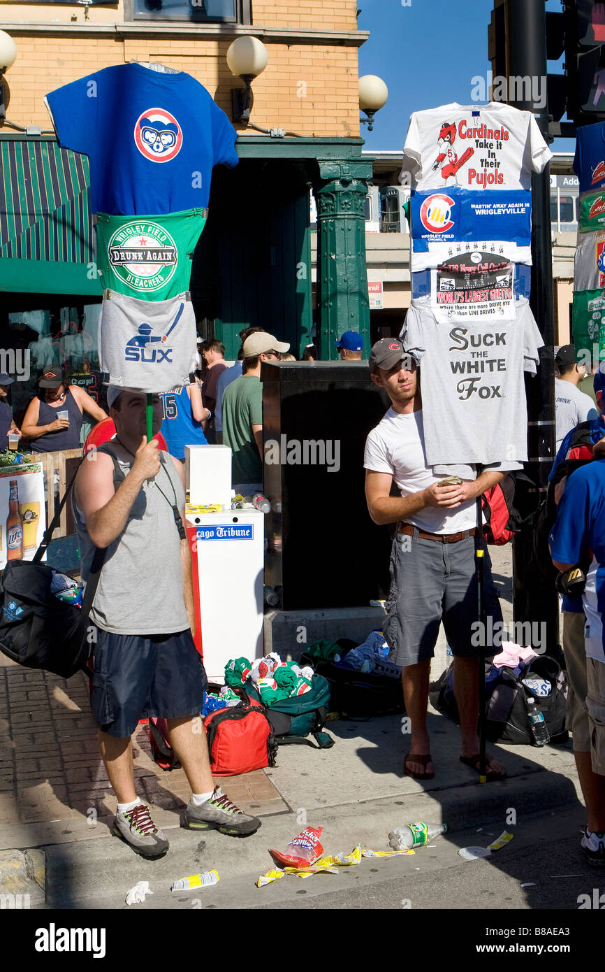 Vendors sell tshirts outside Wrigley Field before a Chicago Cubs