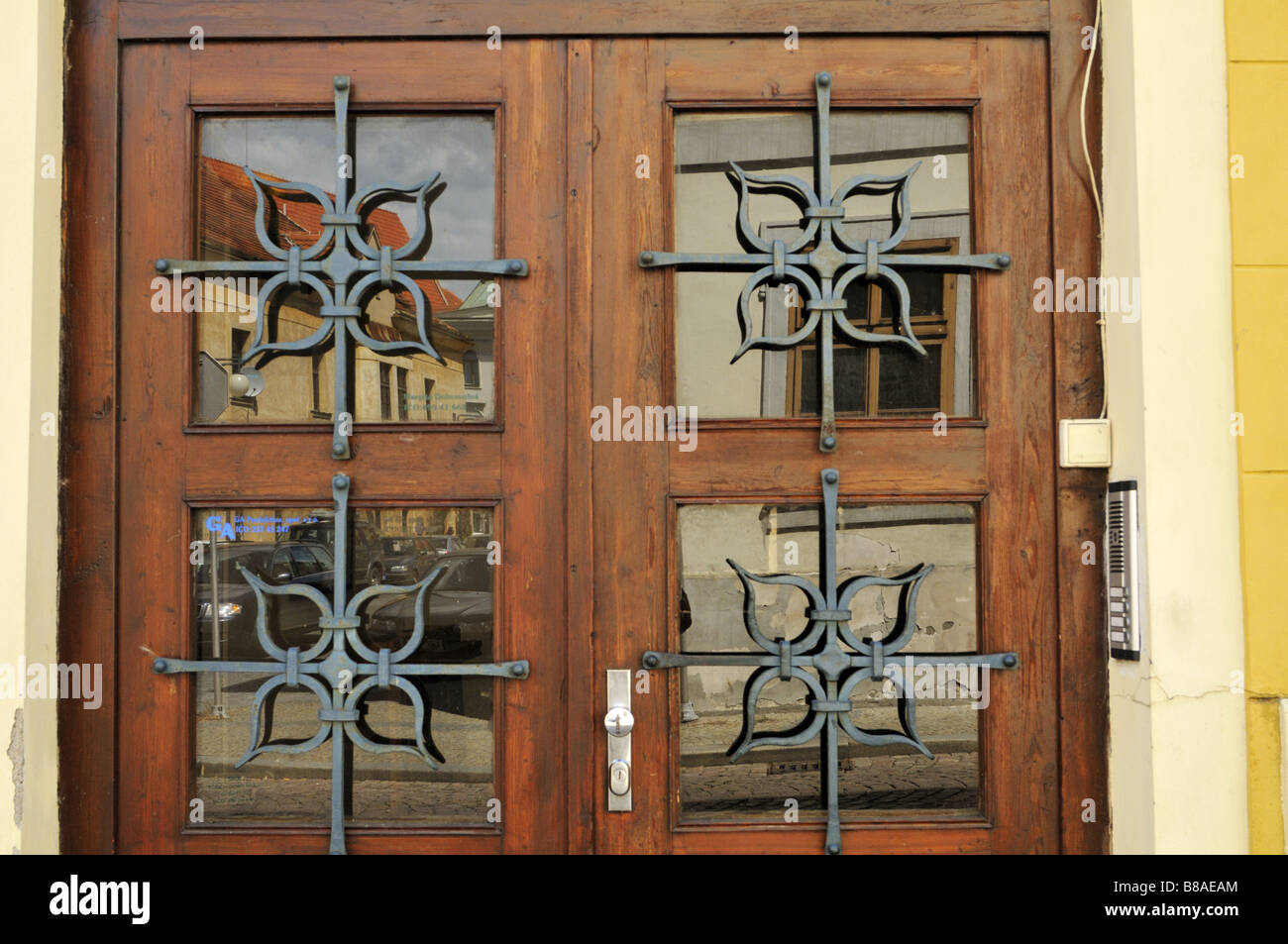 Windows with ornate iron grilles Czech Republic Stock Photo