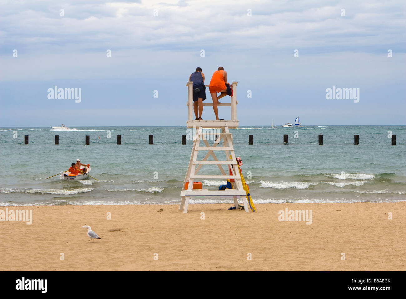 Lifeguards on duty at a beach on Lake Michigan near Lincoln Park