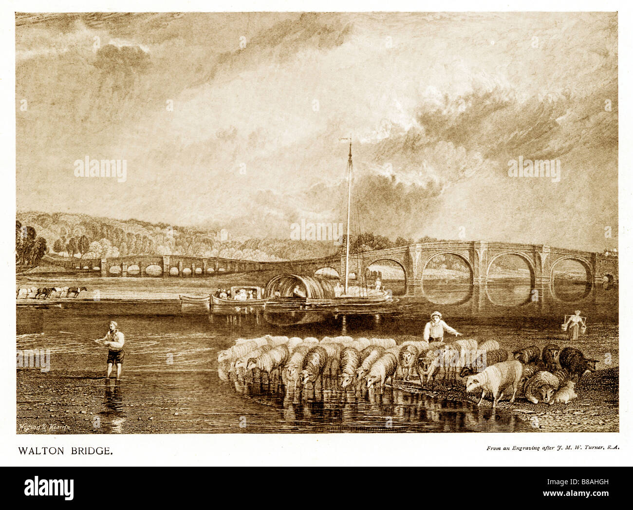 Walton Bridge by Turner engraving of the 1805 painting by JWM Turner of the River Thames crossing Stock Photo