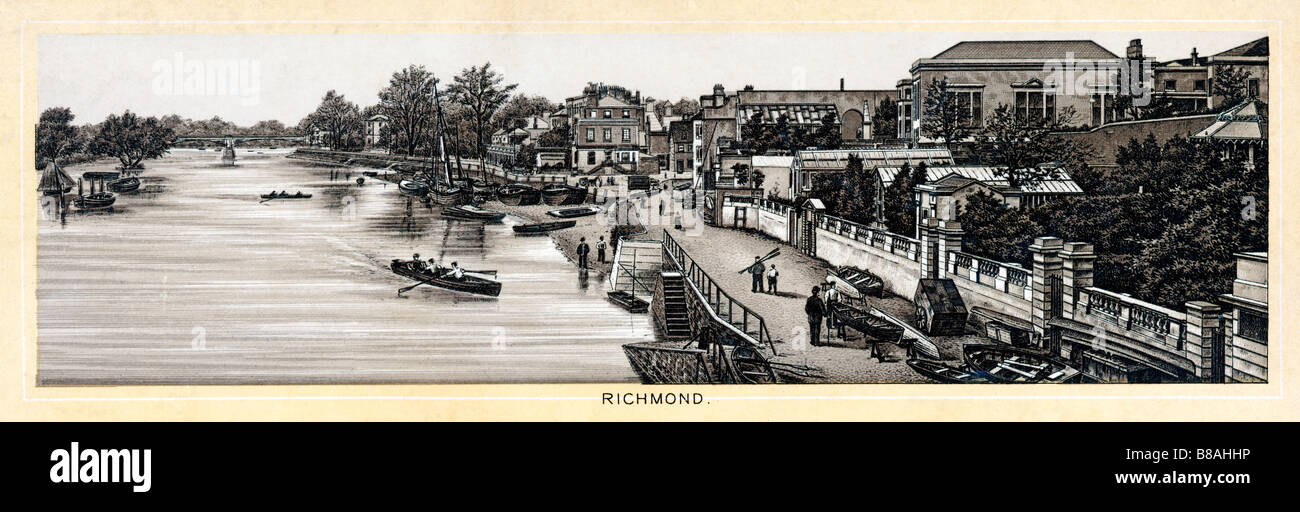 The Thames at Richmond late Victorian steel engraving of the river scene and Surrey bank Stock Photo