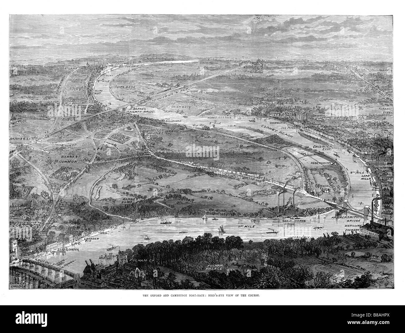 Boat Race Course 1875 birds eye view of the route taken by the boats from Putney to Mortlake Stock Photo