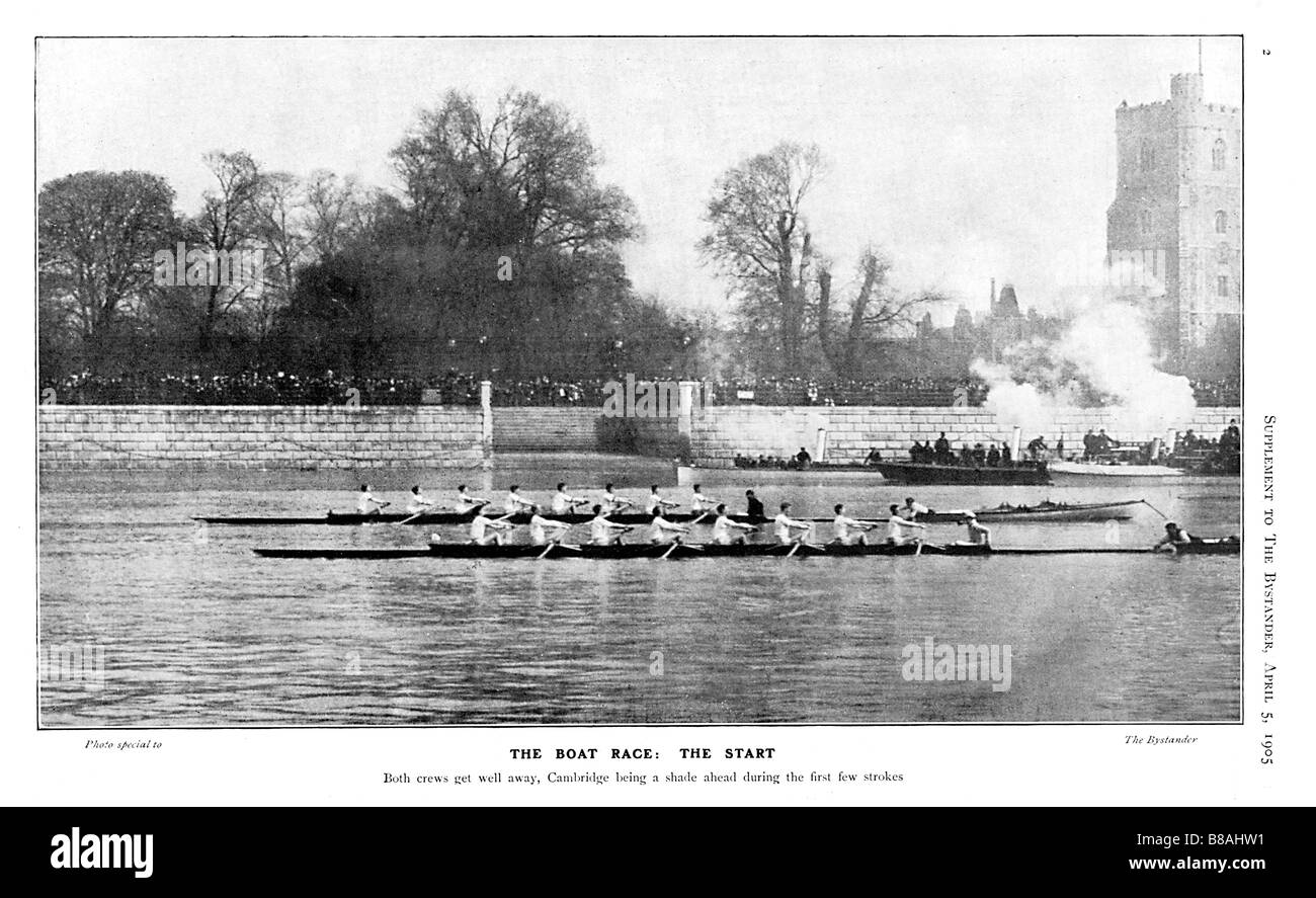 Boat Race Start 1905 photo of the University boats off at Putney Cambridge just ahead of Oxford Stock Photo