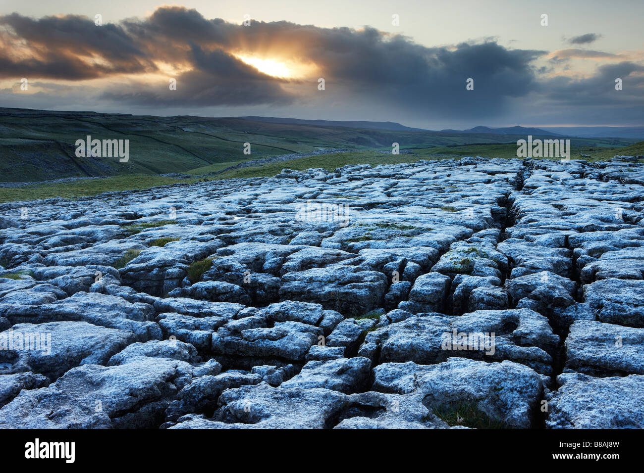 frost on a limestone pavement at Ing Scar above Malham Cove, Yorkshire Dales National Park, Yorkshire, England, UK Stock Photo