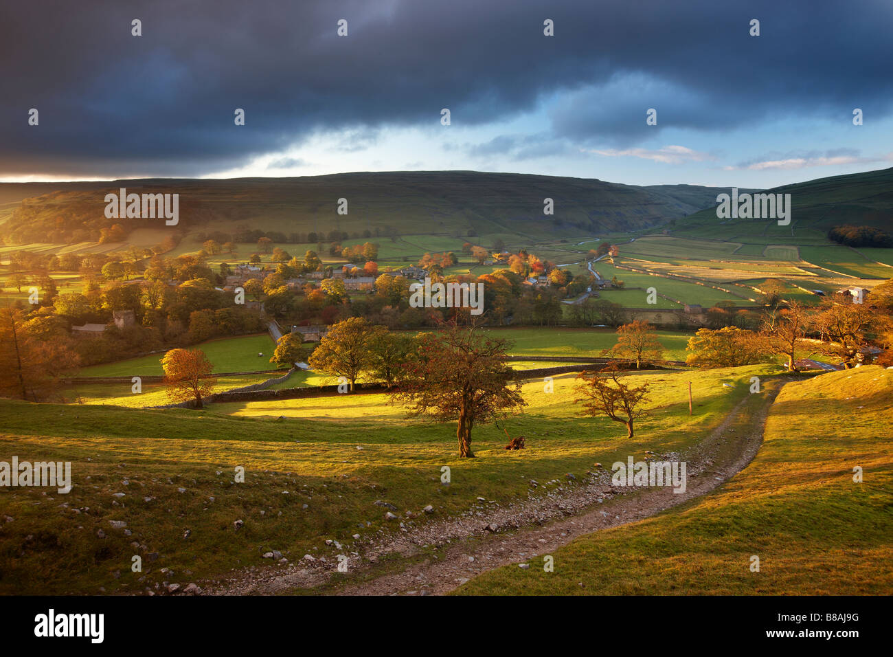 first light on the autumn colours at Arncliffe in Littondale, Yorkshire Dales National Park, England, UK Stock Photo