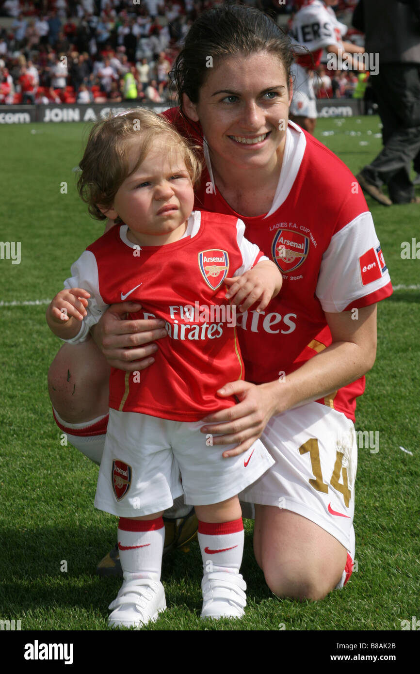 Karen Carney Arsenal Ladies FC holding niece after winning women’s FA Cup 2008 women's cup final v Leeds United Ladies Stock Photo