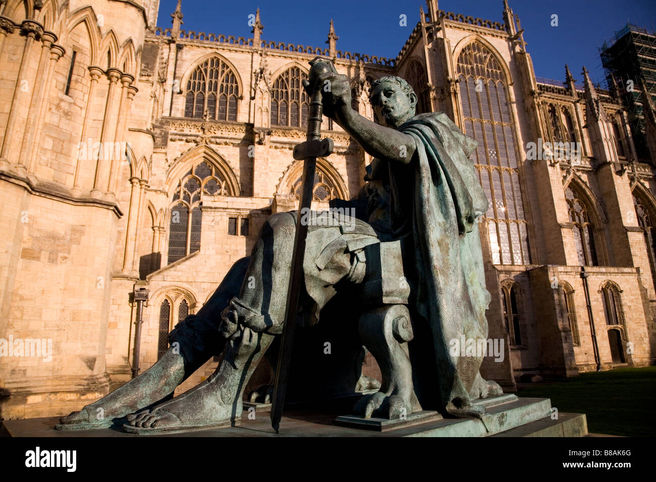 The statue of the Roman Emperor Constantine stands close to York Minster in York, England. Stock Photo