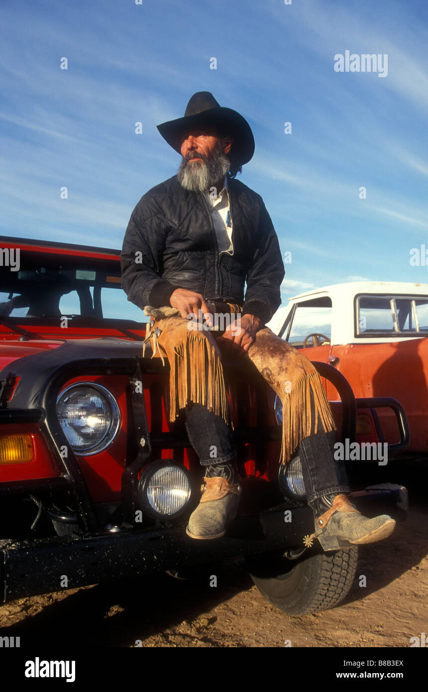 Cowboy with his Jeep New Mexico USA Stock Photo