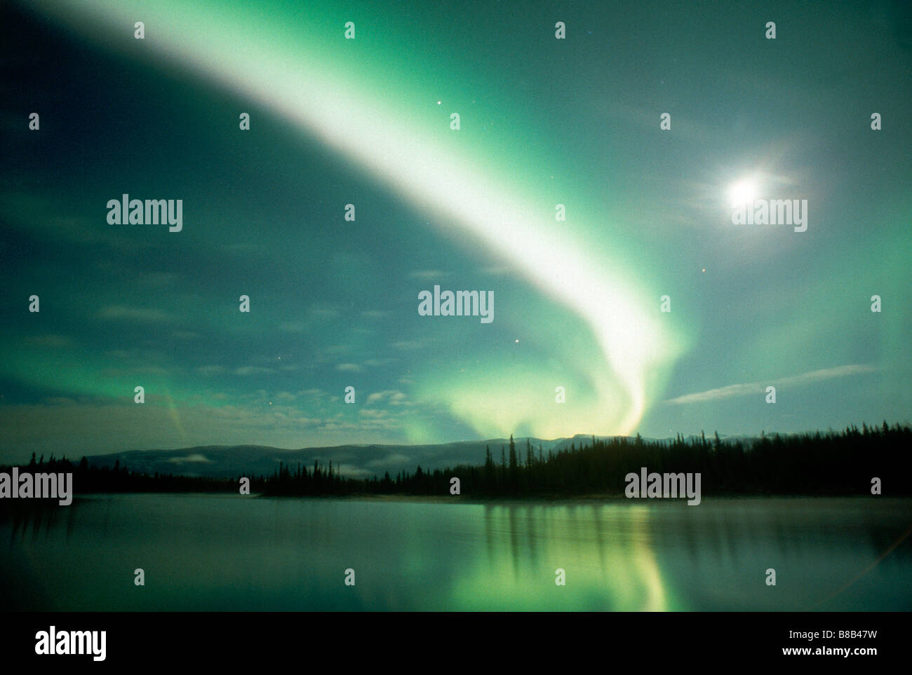 Northern Lights over Boya Lake, Northern British Columbia, Canada Stock Photo