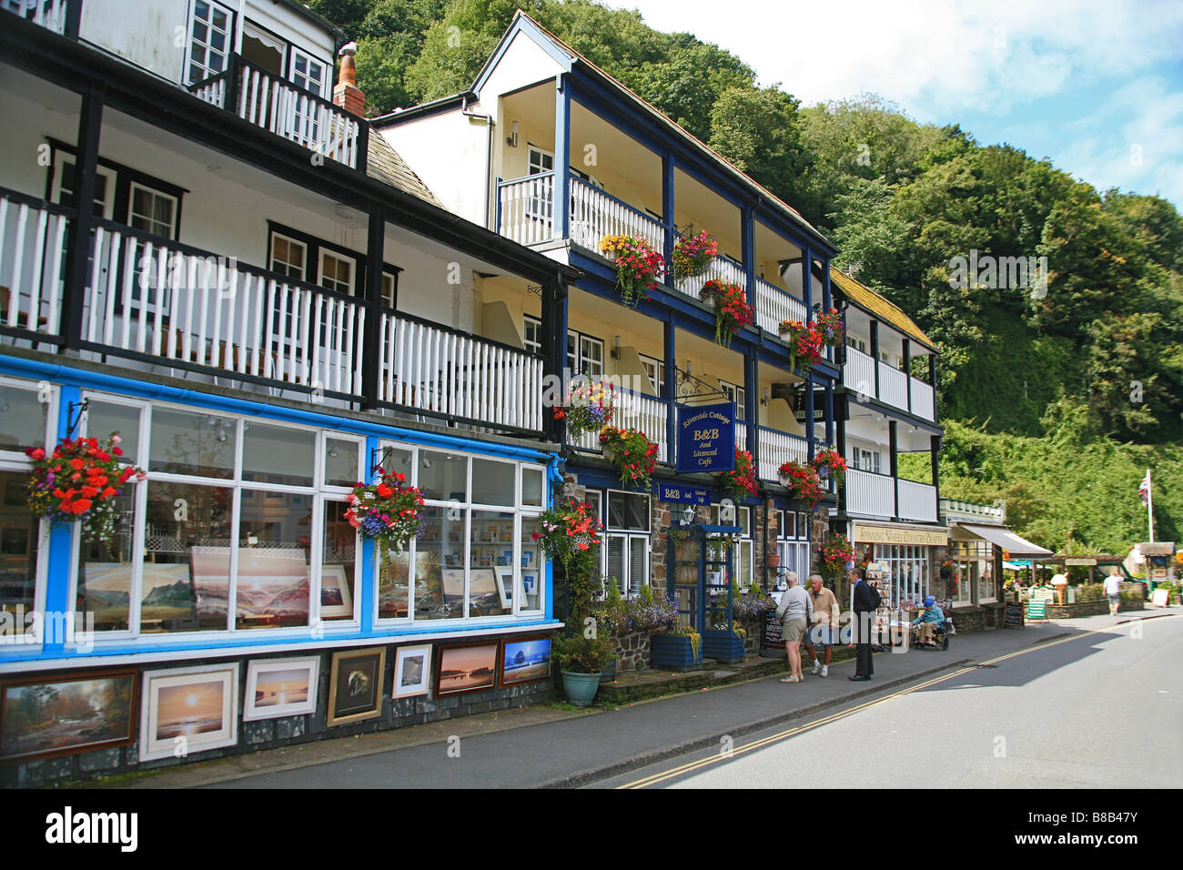 Looking along Riverside Road in Lynmouth, North Devon, England, UK Stock Photo