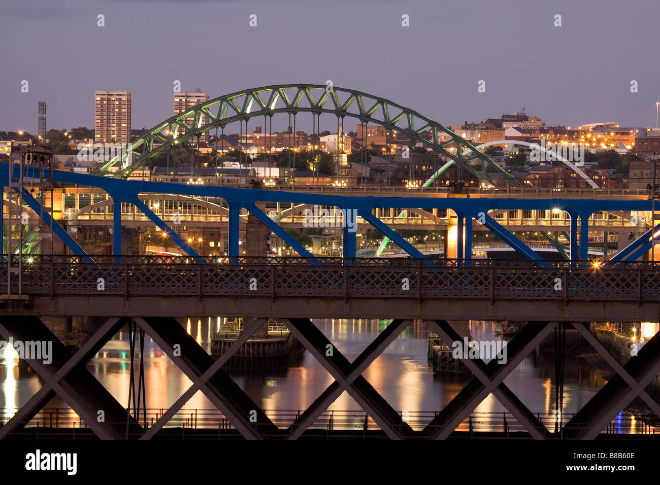 Bridges of the Tyne, Newcastle Gateshead.  King Edwards VI Bridge, Queen Elizabeth Bridge, Tyne Bridge and Millennium Bridge Stock Photo