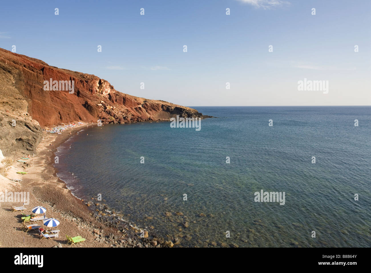 Shot from a high viewpoint of Santorini's volcanic and rocky Red Beach, Akrotiri, Santorini, Cyclades, Greece. Stock Photo