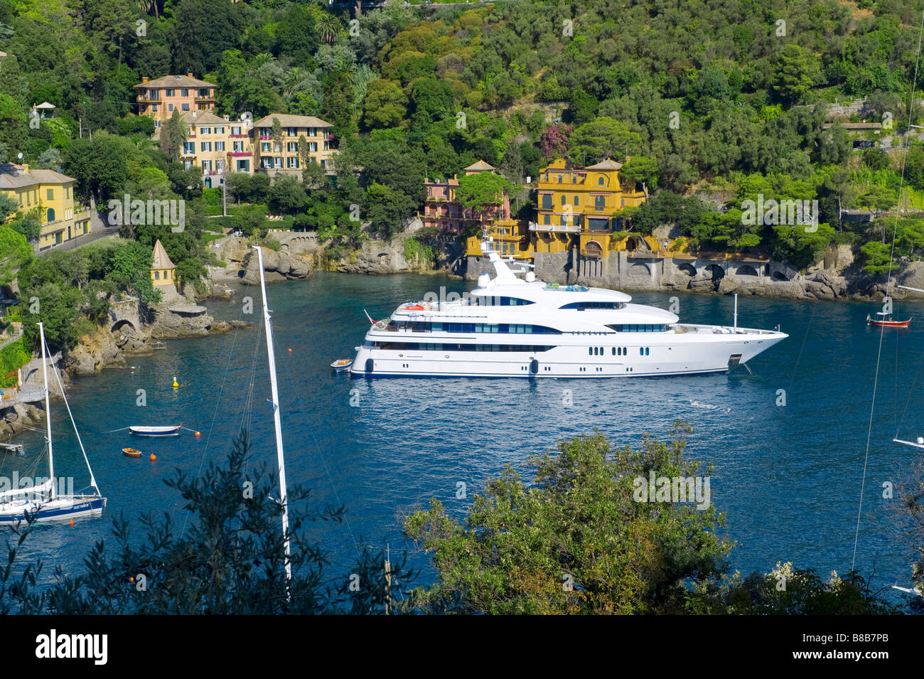 Expensive motor yacht in Portofino harbour, liguria, Italy Stock Photo