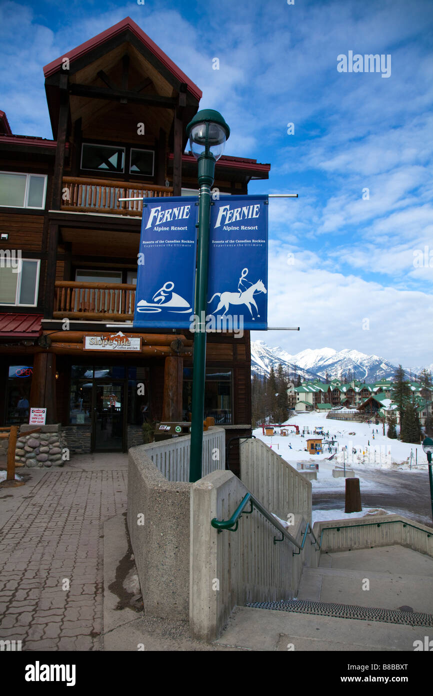 Fernie Alpine Resort signs outside The Cornerstone Lodge in the ski
