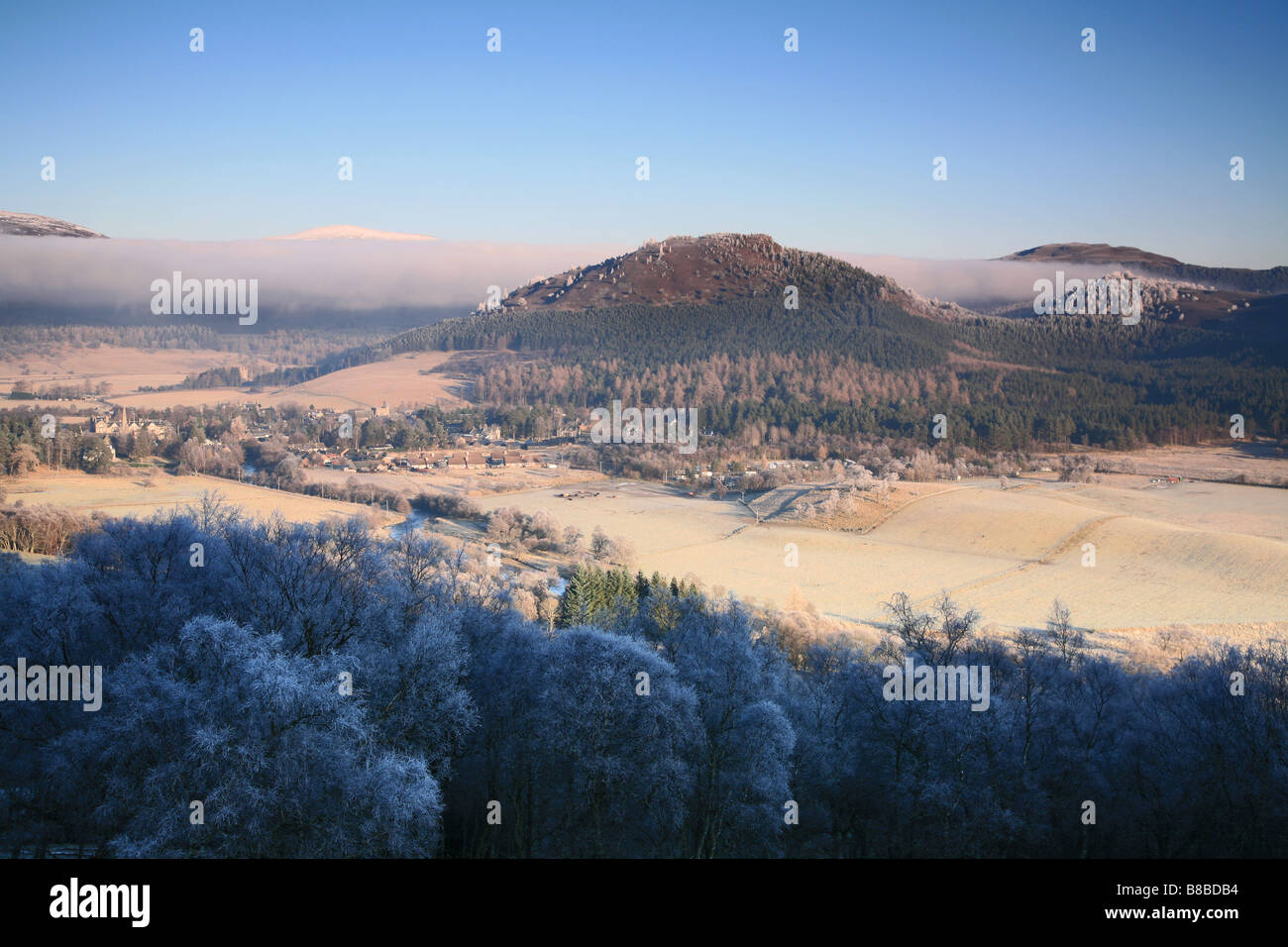 Frosty panorama over Braemar Stock Photo