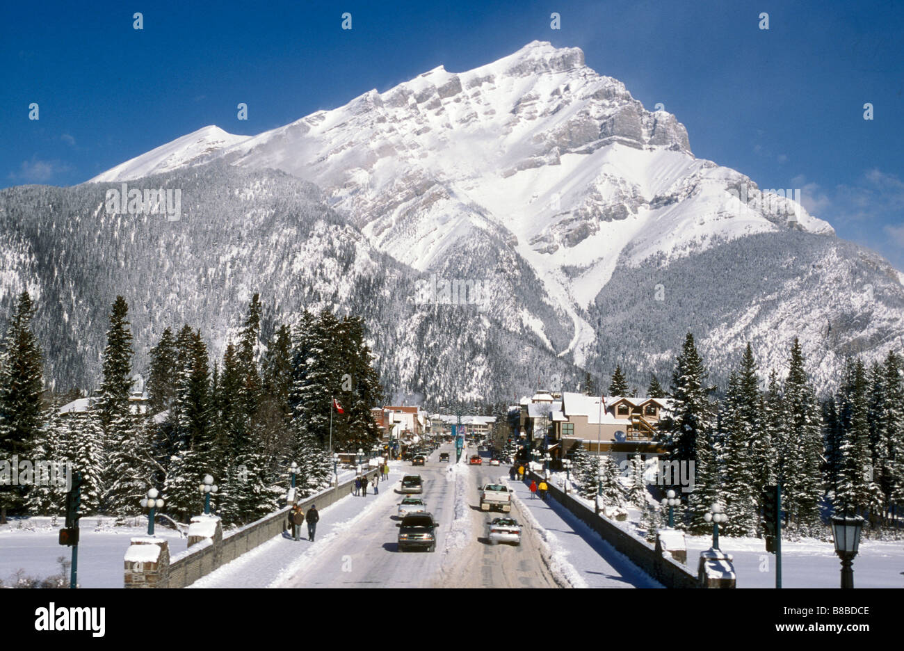 Jerry Kobalenko; Banff Avenue Casacde Mountain Winter Stock Photo