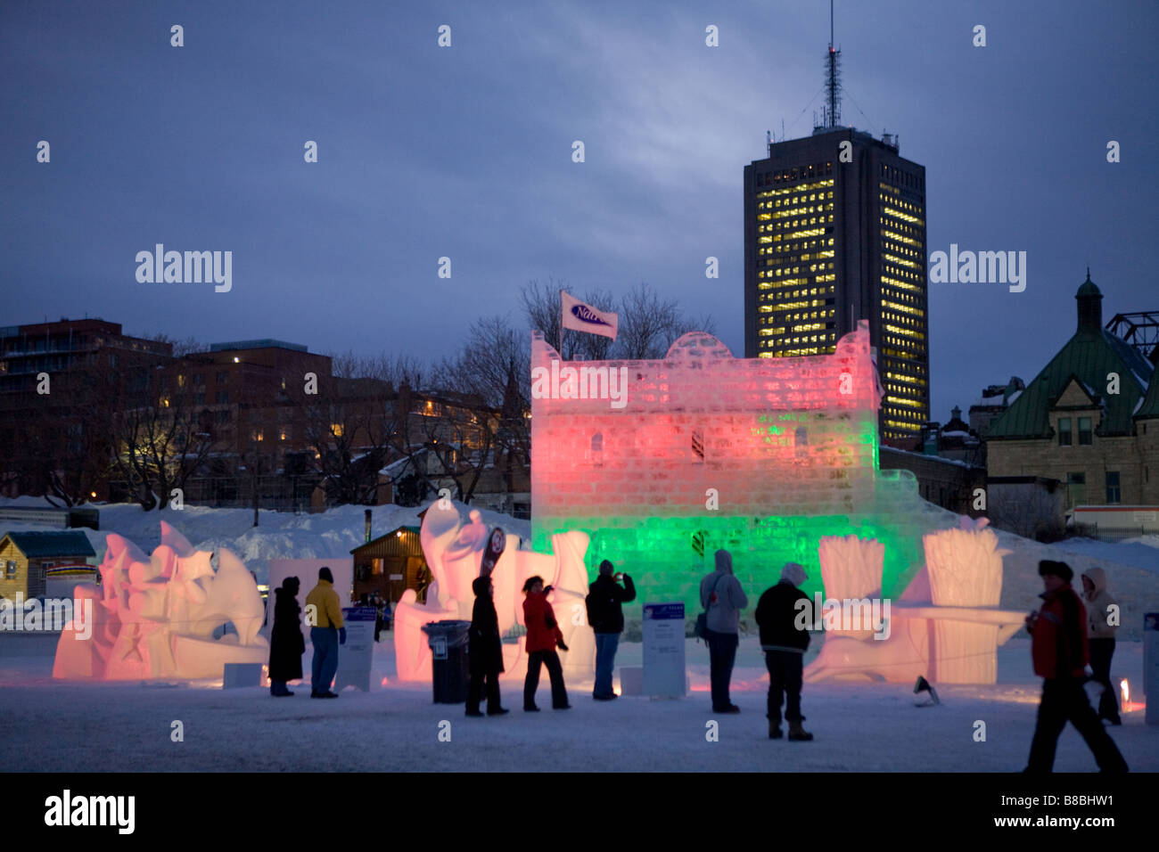 People enjoying snow sculptures on Plains of Abraham Winter Carnival Quebec City Stock Photo