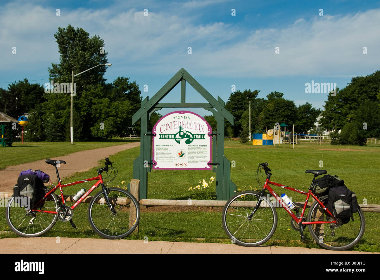 Bikes at the start of the trail in Tignish, Confederation Trail, Prince Edward Island, Canada. Stock Photo