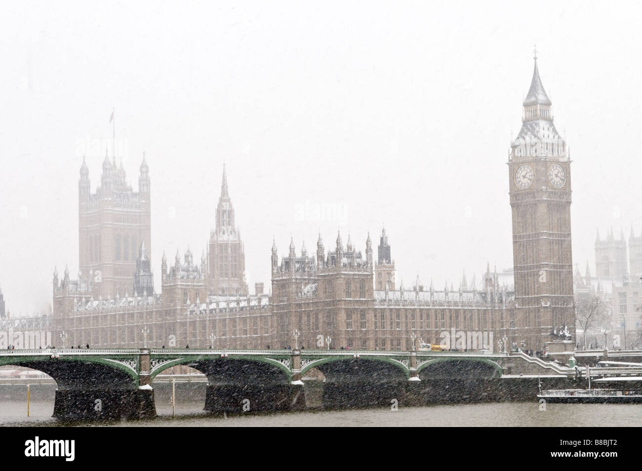 Big Ben and Palace of Westminster in the snow, London, England, UK Stock Photo