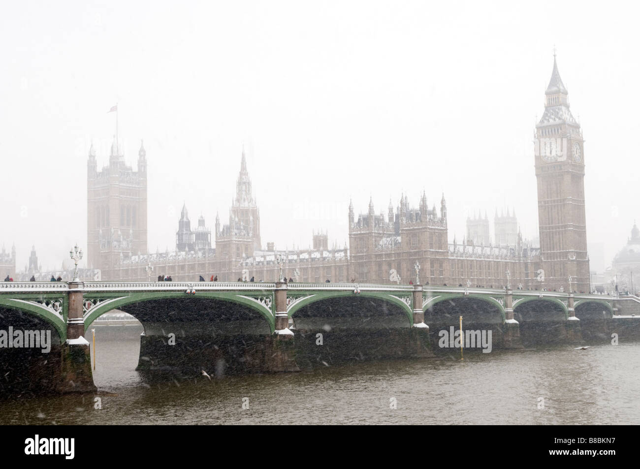 Big Ben and Palace of Westminster in the snow, London England UK Stock Photo
