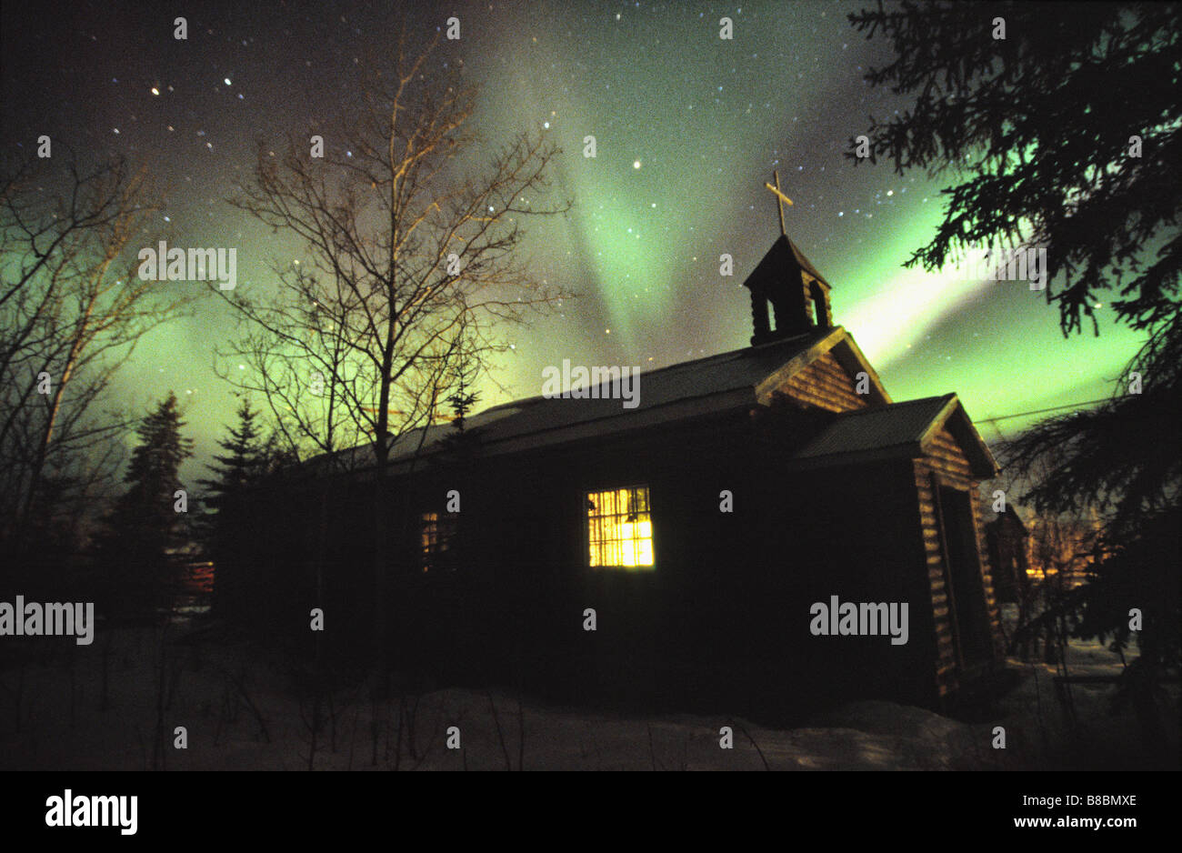 Northern Lights over Church, Pelly Crossing, Yukon Stock Photo
