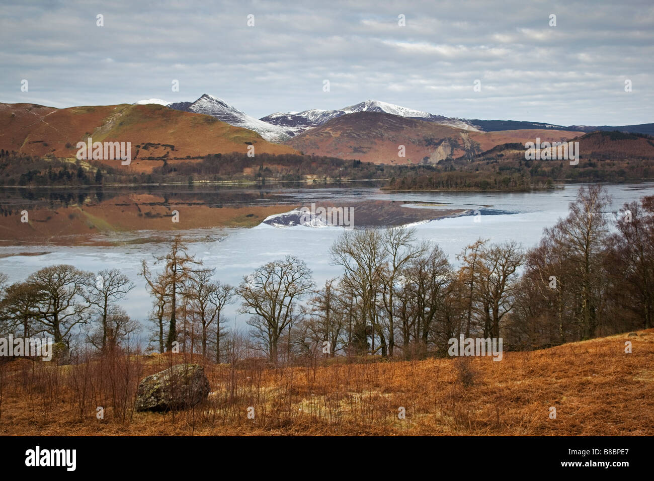 A winter view across Derwentwater with reflections of the Derwent Fells