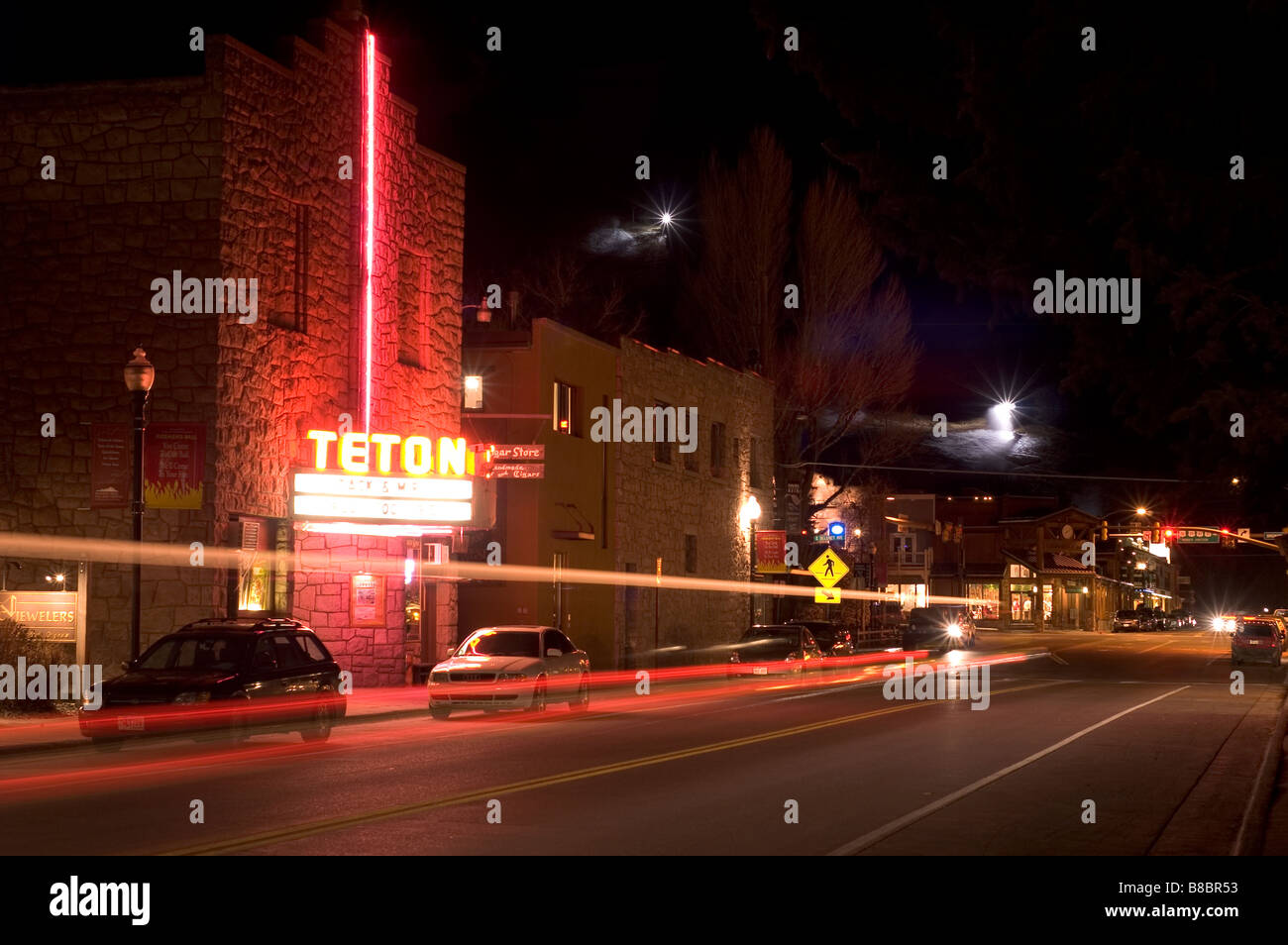 Teton Movie Theatre at night and light streaks Jackson Hole Wyoming Stock Photo
