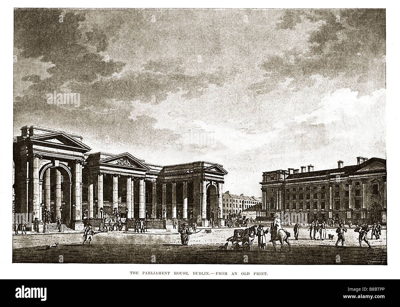 Parliament House Dublin 1800 print of a street scene in the heart of Georgian Dublin Stock Photo