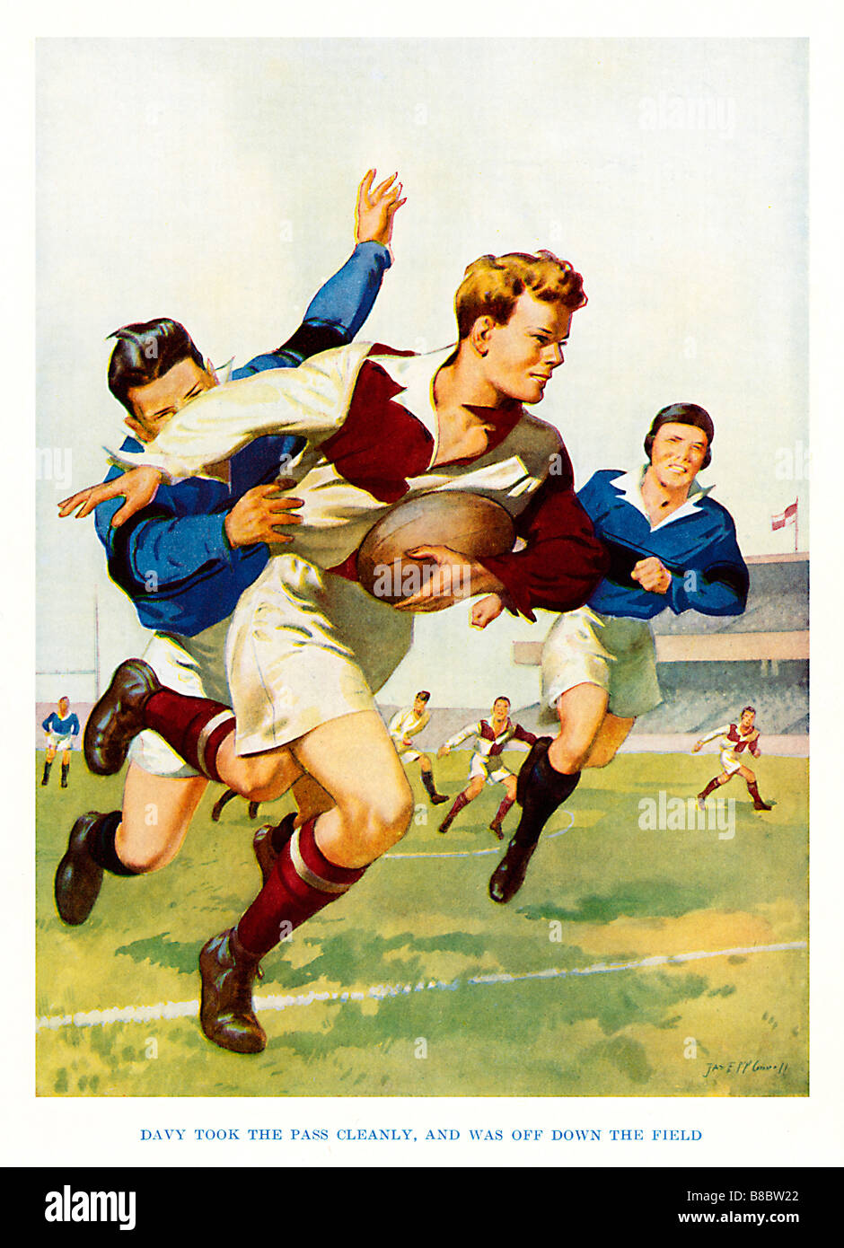 Davy Took The Pass Cleanly and was off down the field boys magazine illustration of a big rugby match Stock Photo